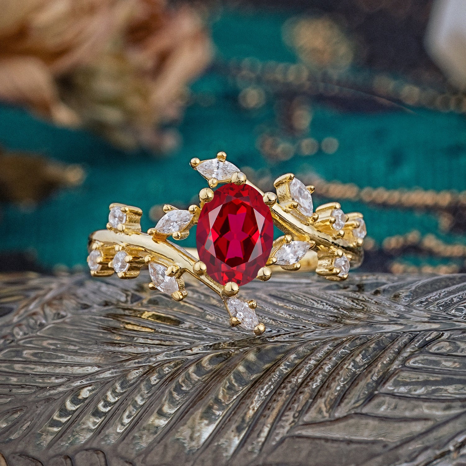 Nature-Inspired Branch 6 prong Oval-Cut Ruby Engagement Ring