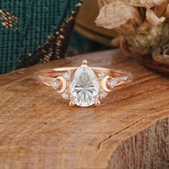 3 Prong Unique Pear Cut Moissanite Cluster Engagement Ring
