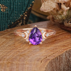 3 Prong Unique Pear Cut Natural Amethyst Cluster Engagement Ring