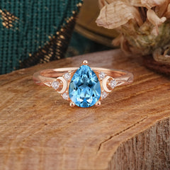 3 Prong Unique Pear Cut Aquamarine Cluster Engagement Ring