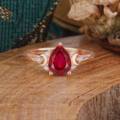3 Prong Unique Pear Cut Ruby Cluster Engagement Ring