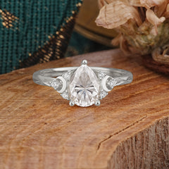 3 Prong Unique Pear Cut Moissanite Cluster Engagement Ring