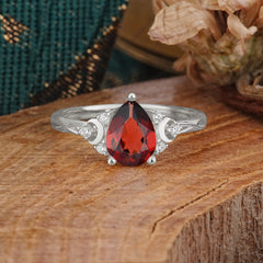 3 Prong Unique Pear Cut Natural Garnet Cluster Engagement Ring