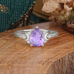 3 Prong Unique Pear Cut Natural Amethyst Cluster Engagement Ring