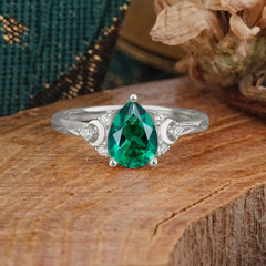 3 Prong Unique Pear Cut Emerald Cluster Engagement Ring