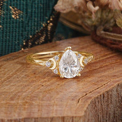 3 Prong Unique Pear Cut Moissanite Cluster Engagement Ring