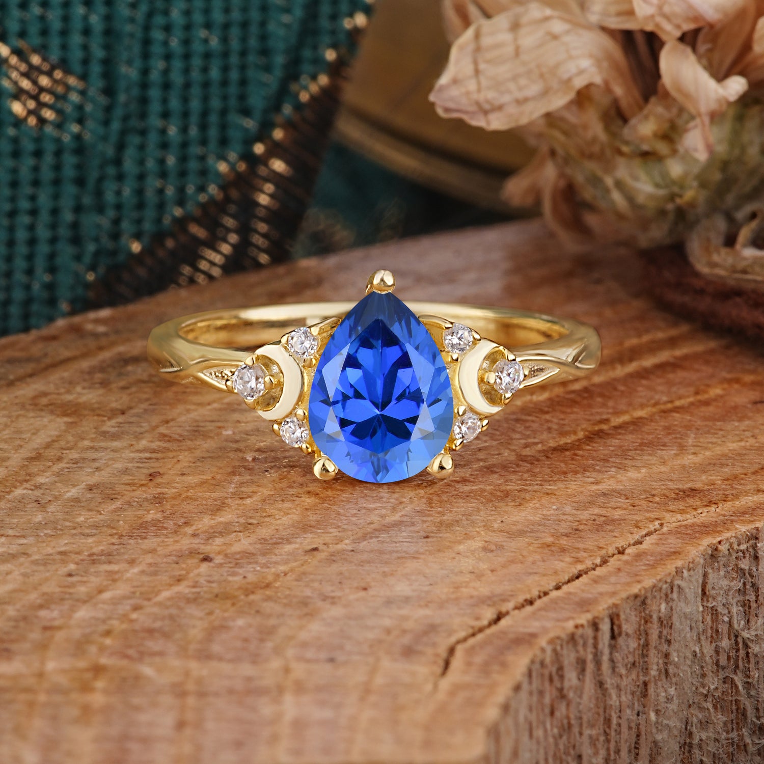 3 Prong Unique Pear Cut Sapphire Cluster Engagement Ring