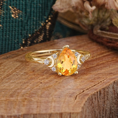 3 Prong Unique Pear Cut Citrine Cluster Engagement Ring