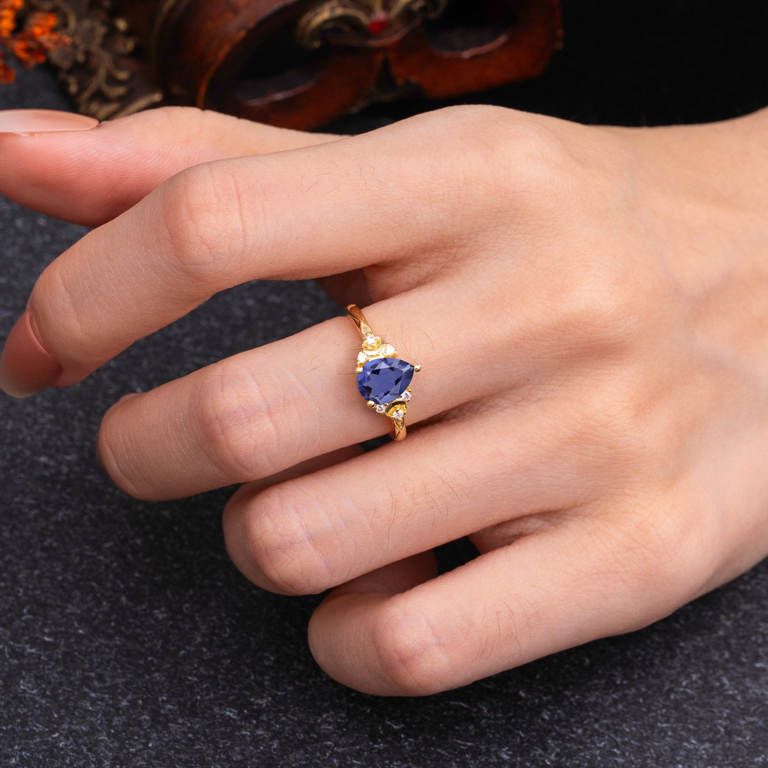 3 Prong Unique Pear Cut Tanzanite Cluster Engagement Ring
