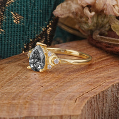 3 Prong Unique Pear Cut Black Rutilated Quartz Cluster Engagement Ring