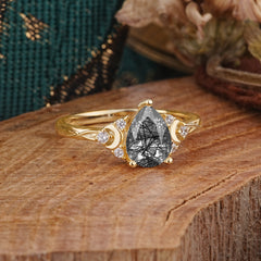 3 Prong Unique Pear Cut Black Rutilated Quartz Cluster Engagement Ring