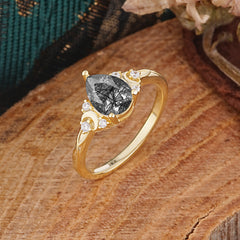 3 Prong Unique Pear Cut Black Rutilated Quartz Cluster Engagement Ring