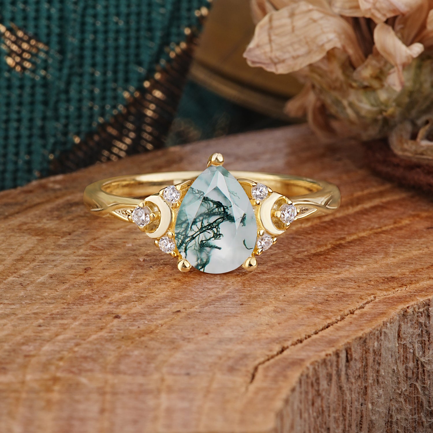 3 Prong Unique Pear Cut Natural Moss Agate Cluster Engagement Ring