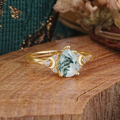 3 Prong Unique Pear Cut Natural Moss Agate Cluster Engagement Ring