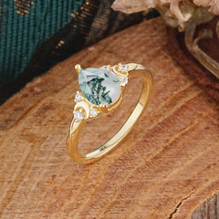 3 Prong Unique Pear Cut Natural Moss Agate Cluster Engagement Ring