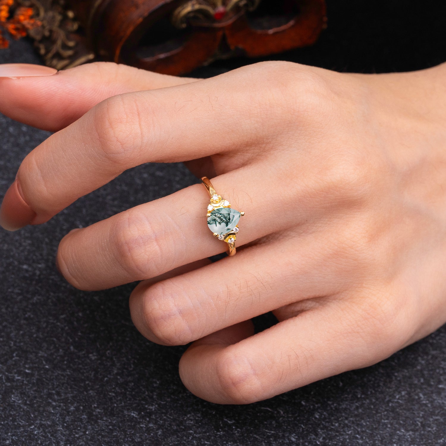 3 Prong Unique Pear Cut Natural Moss Agate Cluster Engagement Ring