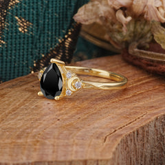 3 Prong Unique Pear Cut Black Onyx Cluster Engagement Ring