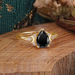 3 Prong Unique Pear Cut Black Onyx Cluster Engagement Ring