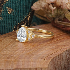 Unique Pear Cut 3 Prong Lab Diamond Cluster Engagement Ring