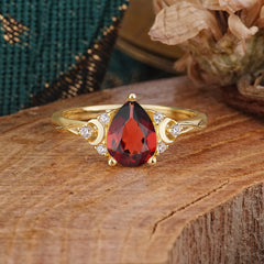 3 Prong Unique Pear Cut Natural Garnet Cluster Engagement Ring