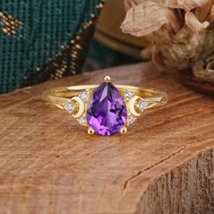 3 Prong Unique Pear Cut Natural Amethyst Cluster Engagement Ring