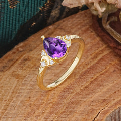 3 Prong Unique Pear Cut Natural Amethyst Cluster Engagement Ring