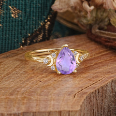 3 Prong Unique Pear Cut Natural Amethyst Cluster Engagement Ring