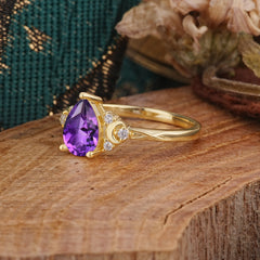 3 Prong Unique Pear Cut Natural Amethyst Cluster Engagement Ring