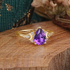 3 Prong Unique Pear Cut Natural Amethyst Cluster Engagement Ring