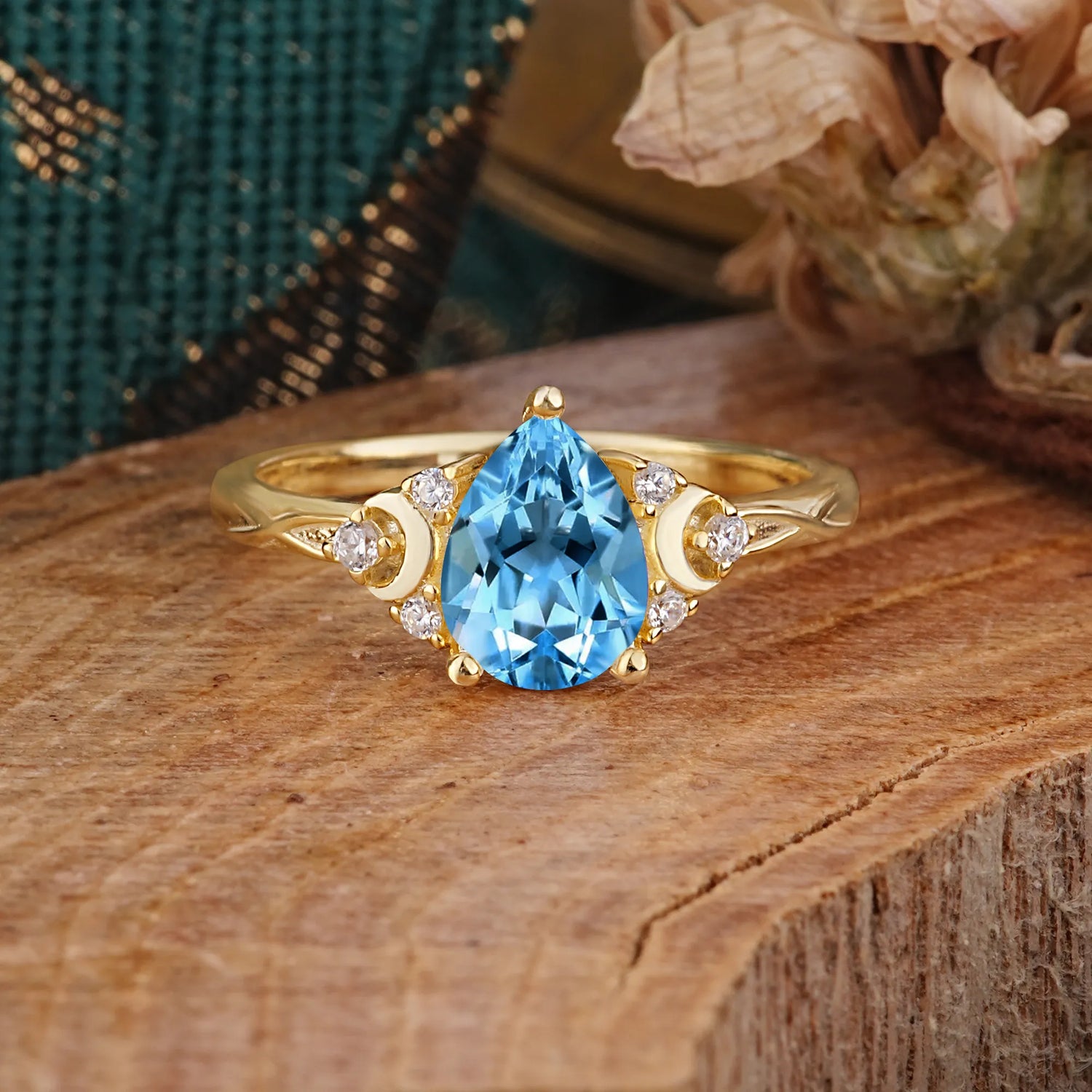 3 Prong Unique Pear Cut Aquamarine Cluster Engagement Ring
