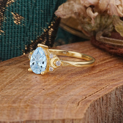 3 Prong Unique Pear Cut Aquamarine Cluster Engagement Ring