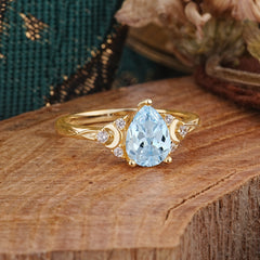 3 Prong Unique Pear Cut Aquamarine Cluster Engagement Ring