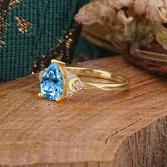 3 Prong Unique Pear Cut Aquamarine Cluster Engagement Ring