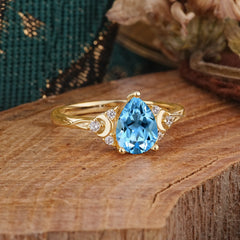 3 Prong Unique Pear Cut Aquamarine Cluster Engagement Ring