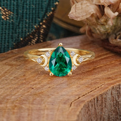 3 Prong Unique Pear Cut Emerald Cluster Engagement Ring