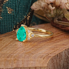 3 Prong Unique Pear Cut Emerald Cluster Engagement Ring