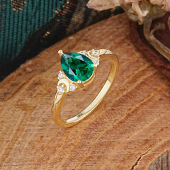 3 Prong Unique Pear Cut Emerald Cluster Engagement Ring