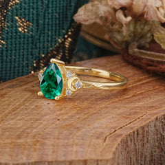 3 Prong Unique Pear Cut Emerald Cluster Engagement Ring