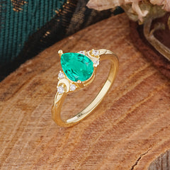 3 Prong Unique Pear Cut Emerald Cluster Engagement Ring