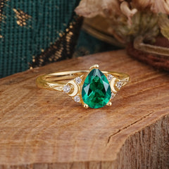 3 Prong Unique Pear Cut Emerald Cluster Engagement Ring