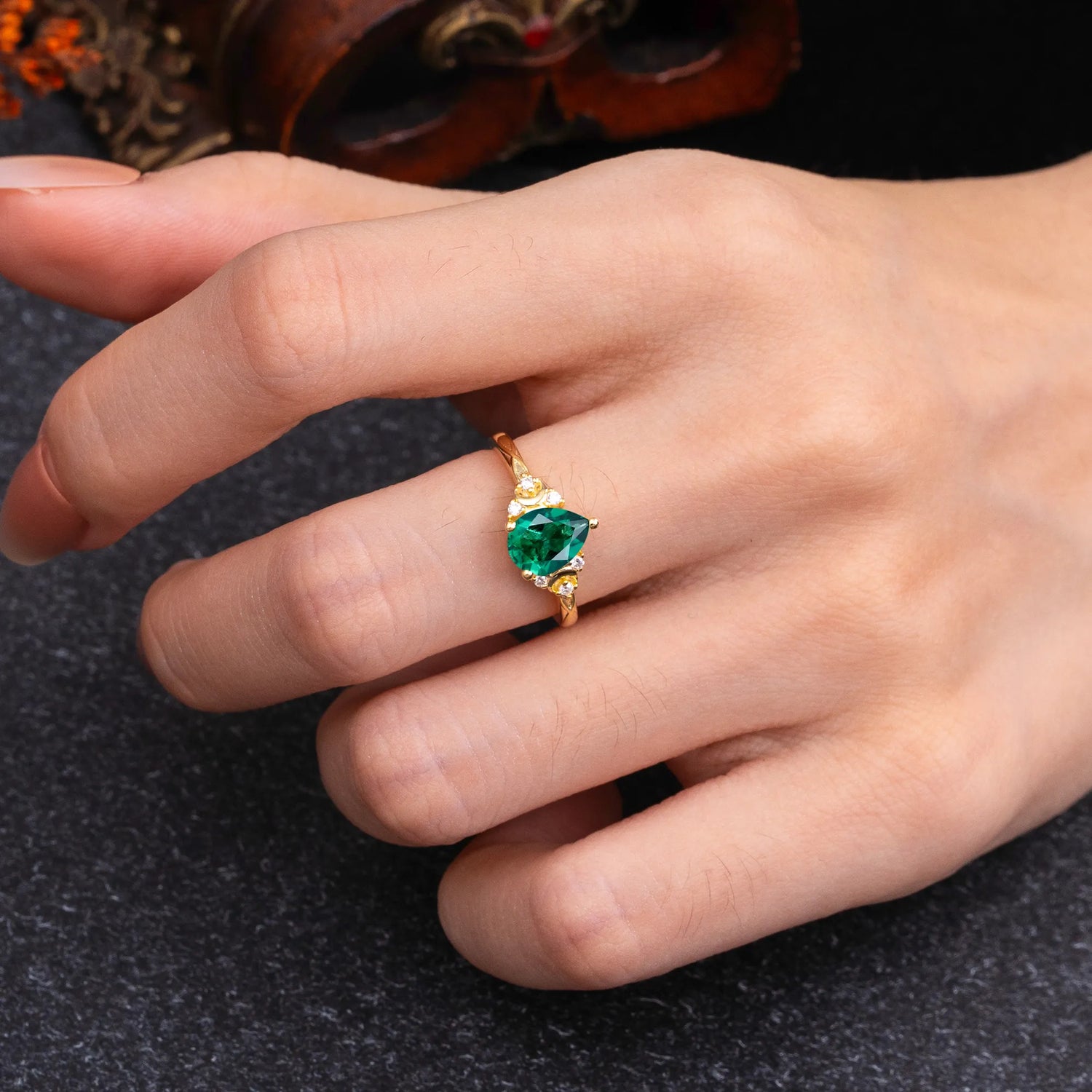 3 Prong Unique Pear Cut Emerald Cluster Engagement Ring