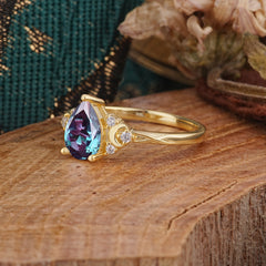3 Prong Unique Pear Cut Alexandrite Cluster Engagement Ring