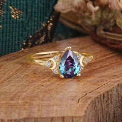 3 Prong Unique Pear Cut Alexandrite Cluster Engagement Ring