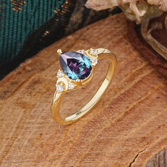 3 Prong Unique Pear Cut Alexandrite Cluster Engagement Ring