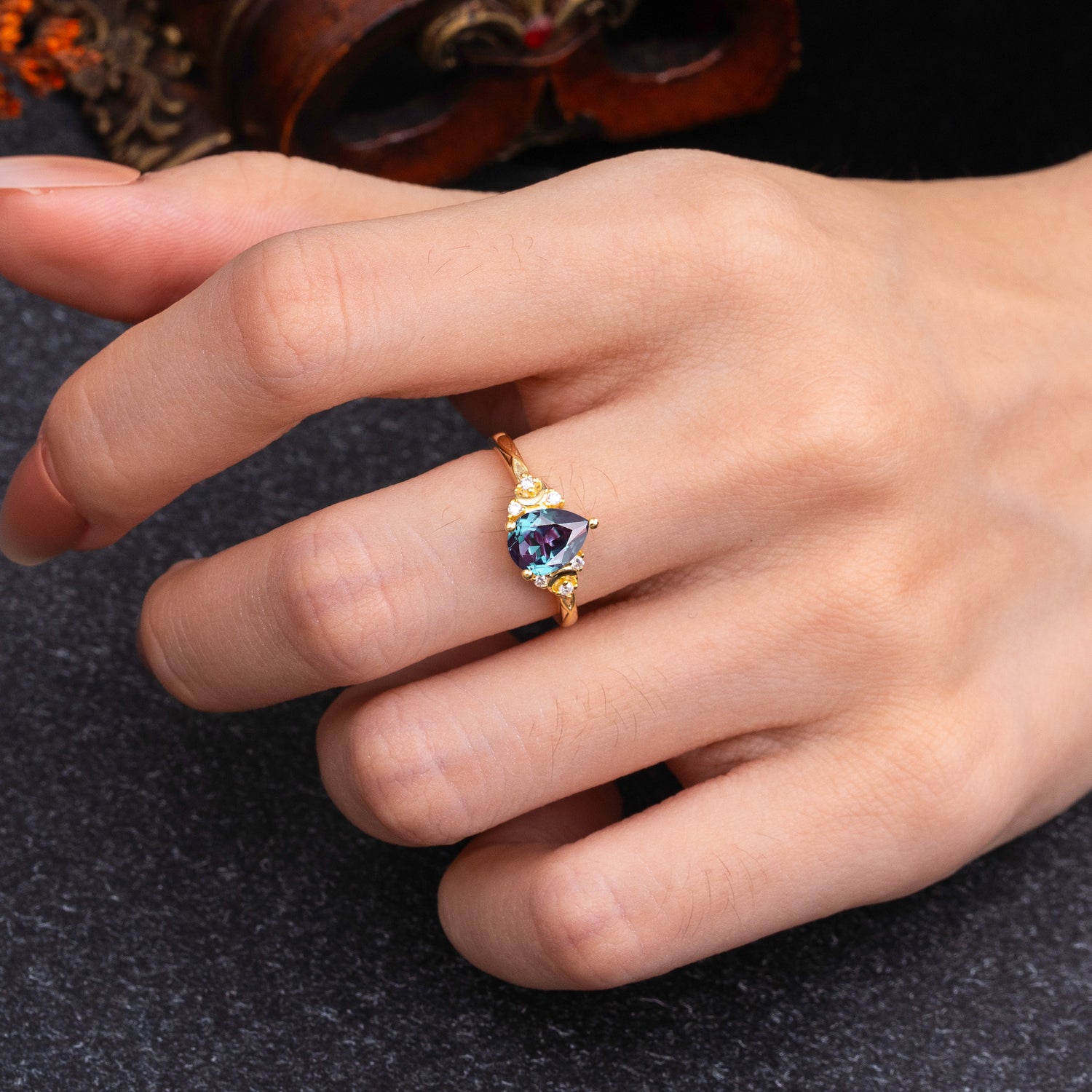 3 Prong Unique Pear Cut Alexandrite Cluster Engagement Ring