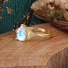 3 Prong Unique Pear Cut Moonstone Cluster Engagement Ring