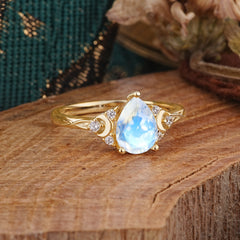 3 Prong Unique Pear Cut Moonstone Cluster Engagement Ring