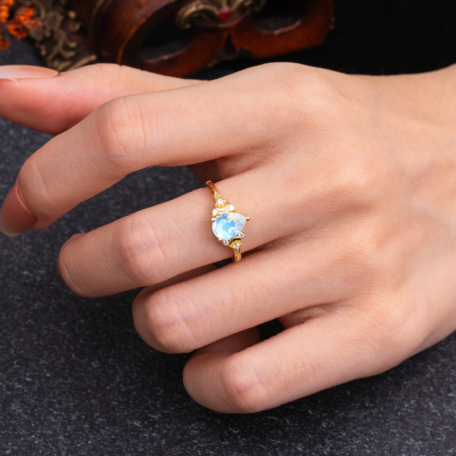 3 Prong Unique Pear Cut Moonstone Cluster Engagement Ring