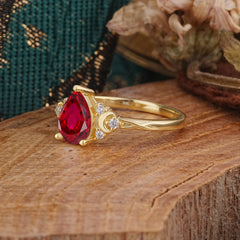 3 Prong Unique Pear Cut Ruby Cluster Engagement Ring