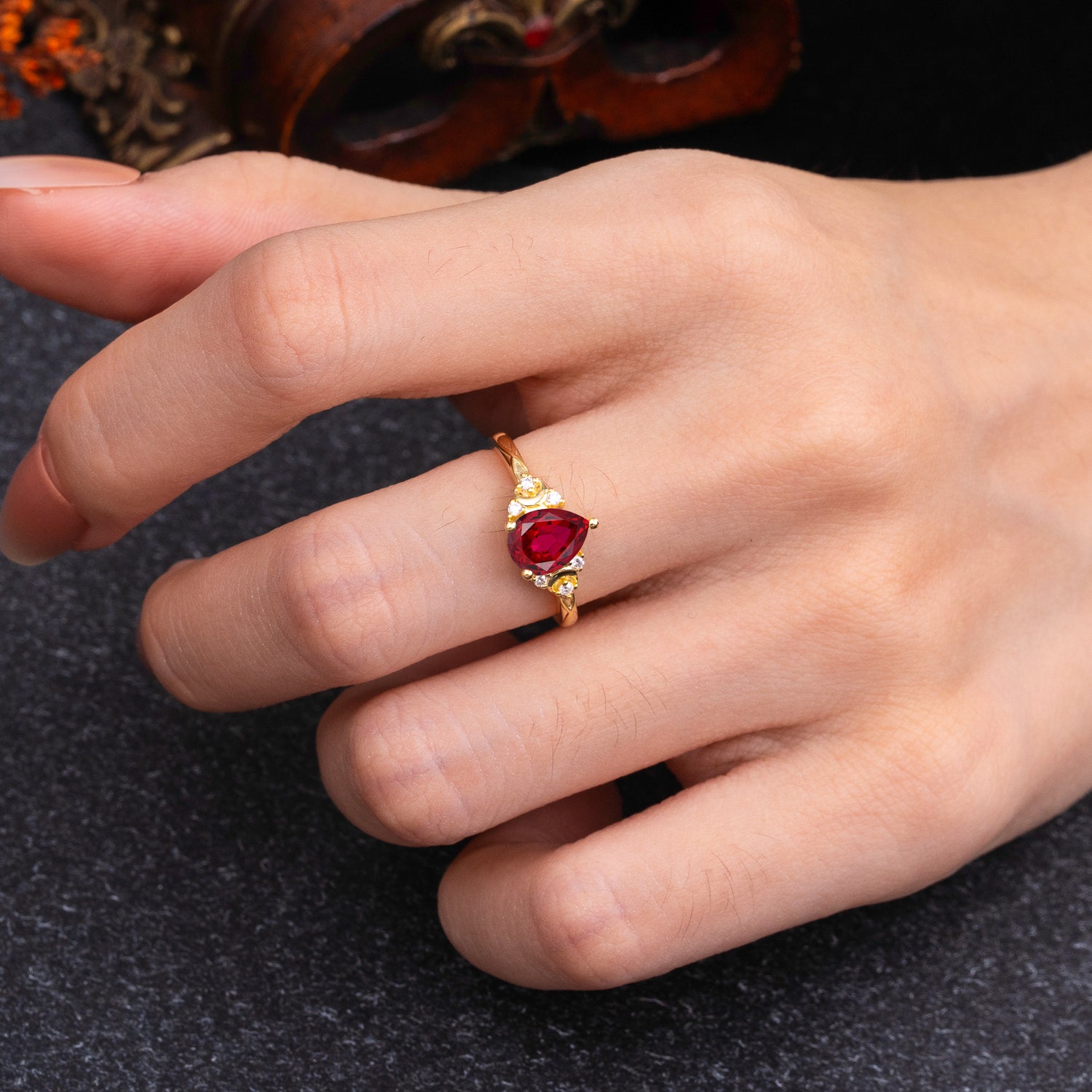 3 Prong Unique Pear Cut Ruby Cluster Engagement Ring